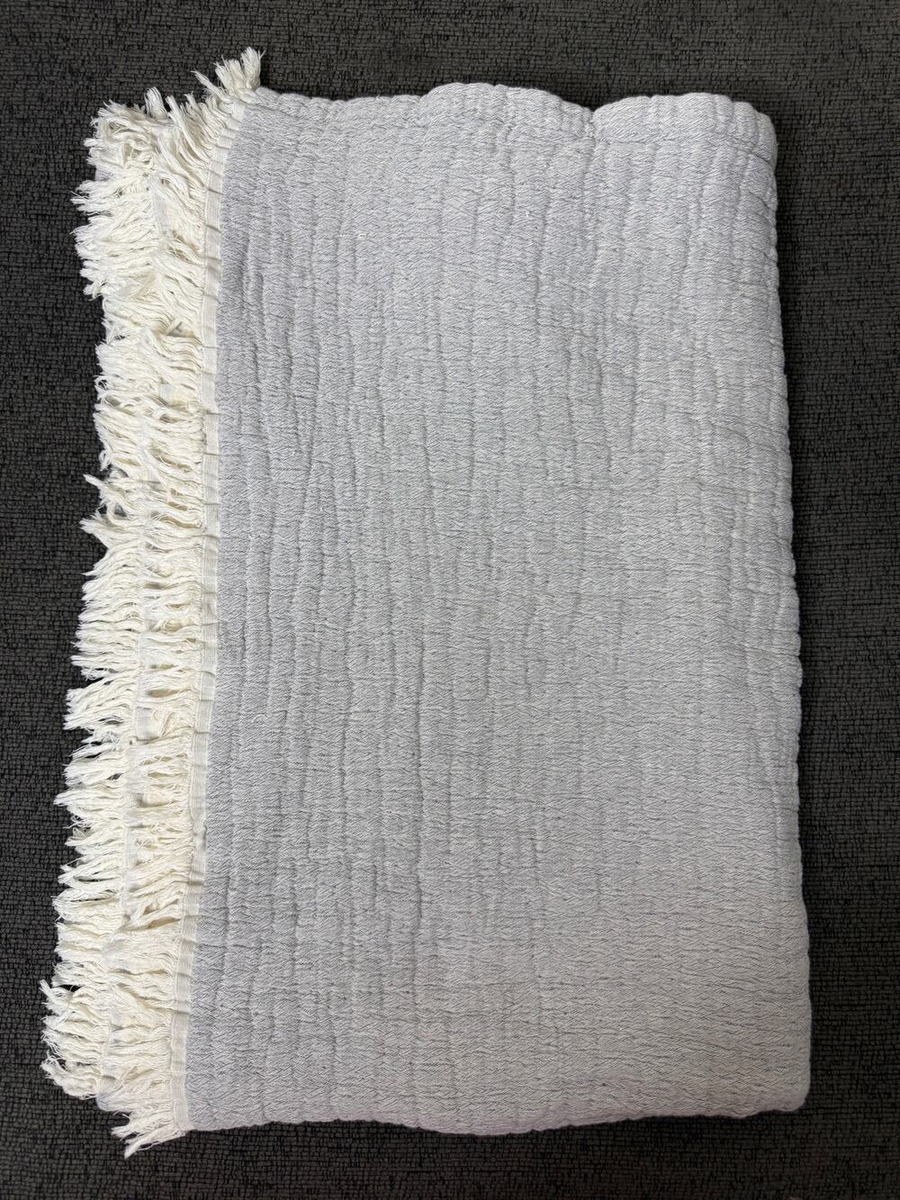 Piscatextil Portugal 100% Cotton Gray Ivory Textured Fringe Throw Blanket 48x64